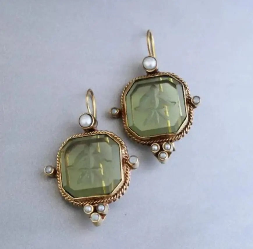 Vintage Grüne Quadratische Ohrringe mit Perlen und Vintage Silber 925