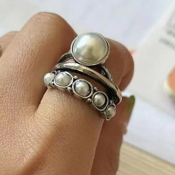 Ringset mit eingelegten Perlen in 925 Silber