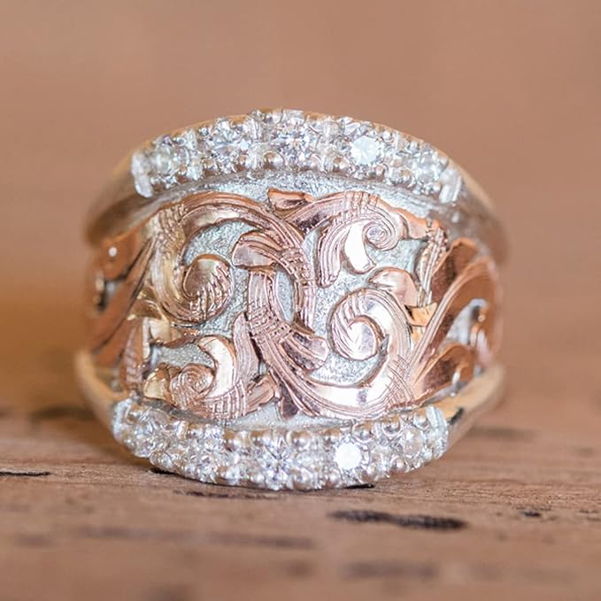 Vintage-Ring aus 925er Silber mit Roségoldmuster und Strasssteinen