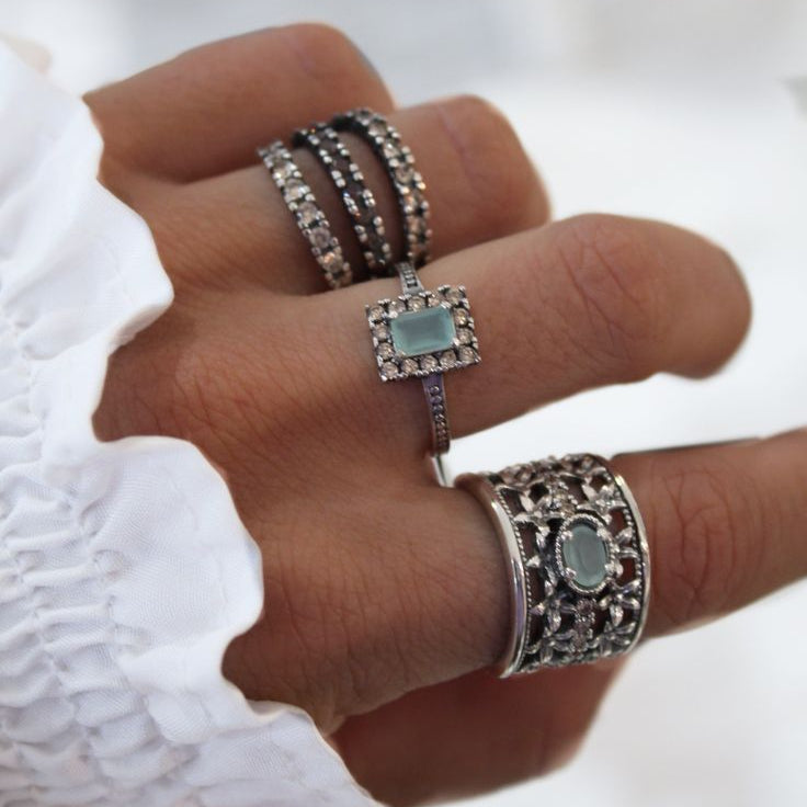 3er-Pack Vintage-Ringe aus 925er Silber mit blauem Zirkoniumdioxid