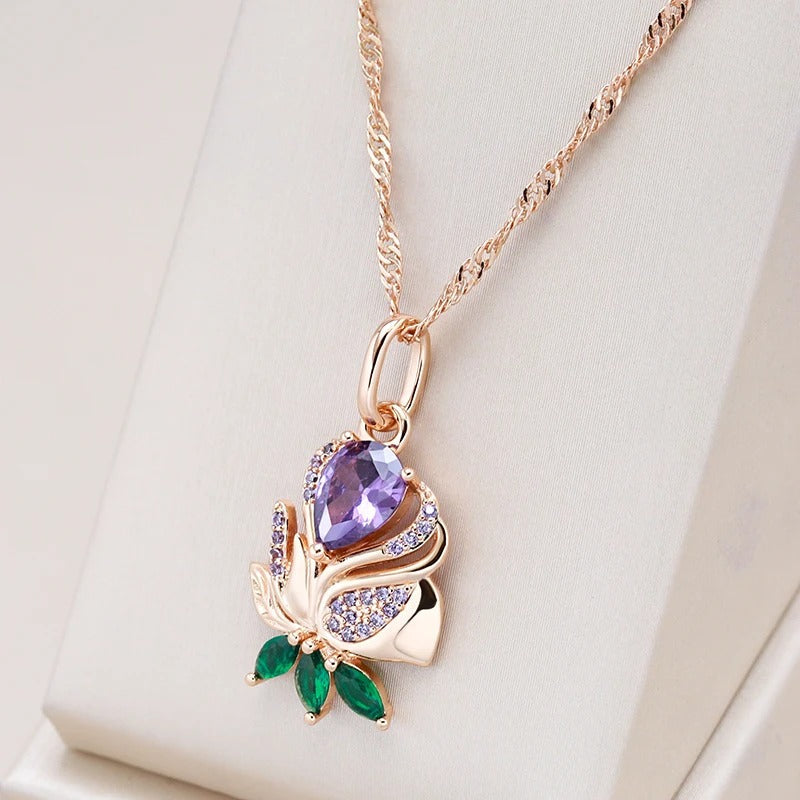 18K Roségold vergoldete Blumenhalskette mit Amethyst und Smaragdkristallblatt - AC