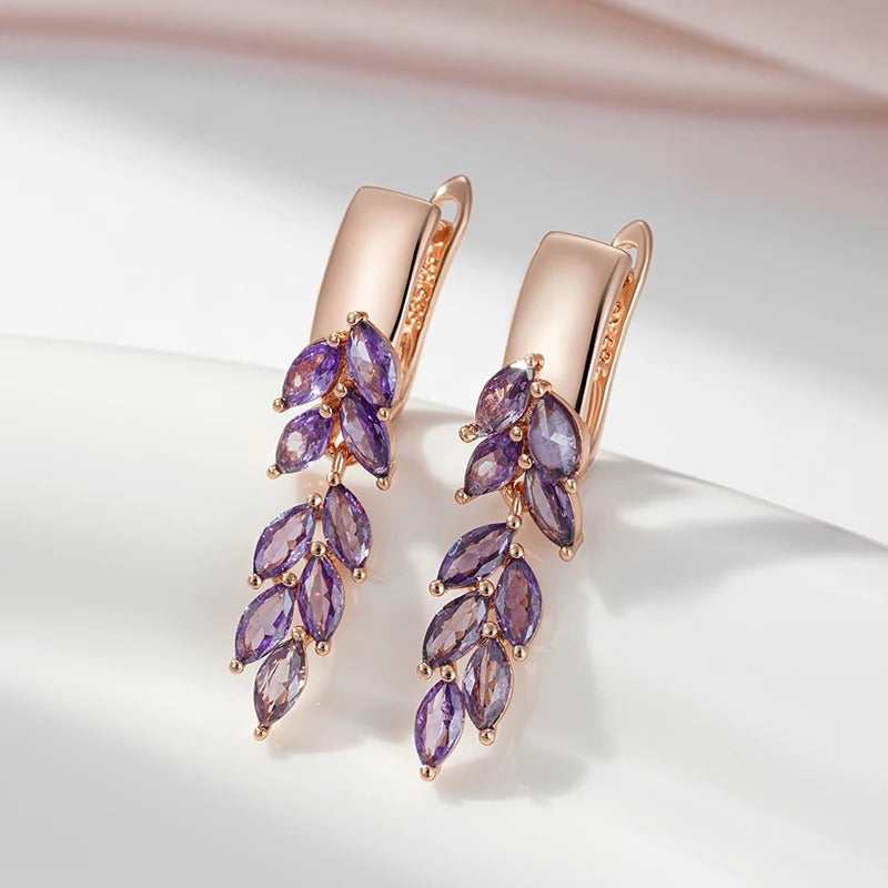 18K Roségold plattierte Ohrringe mit Amethyst Leaf Kristallen - AC