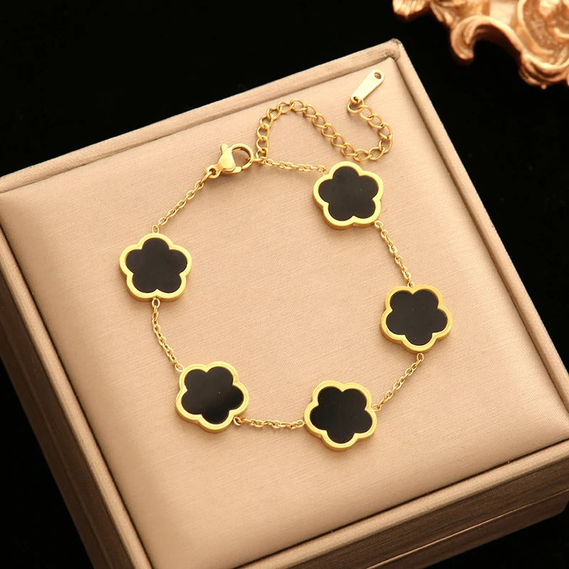 18K vergoldetes schwarzes Kleeblatt-Armband
