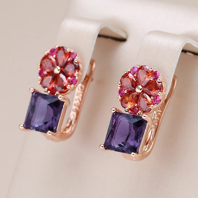 Rechteckige Amethyst-Ohrringe mit floralem, rosafarbenem Kristall, 18 K rosevergoldet - AC
