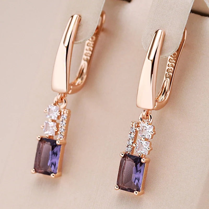 18K Roségold plattierte Ohrringe mit rechteckigem Amethyst Kristall - AC
