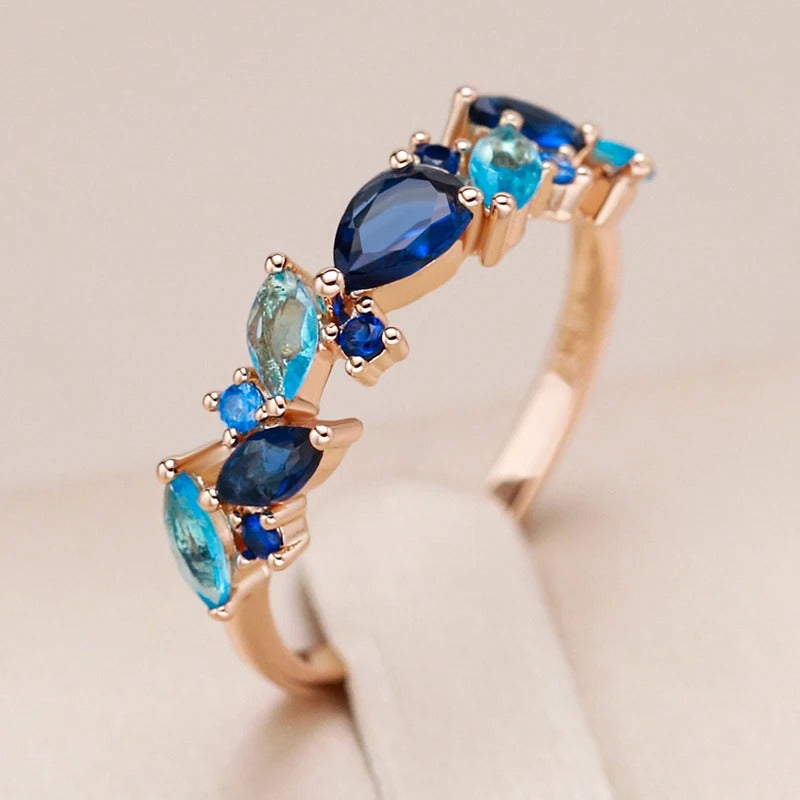 18K Roségold plattiert Aquamarin Zirkonia und Saphir Meer Stein Ring - AC