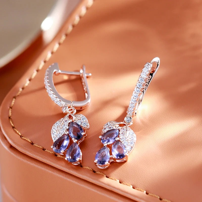 18K Roségold Plattiert Luxus Voll Zirkon lila Anhänger Ohrringe