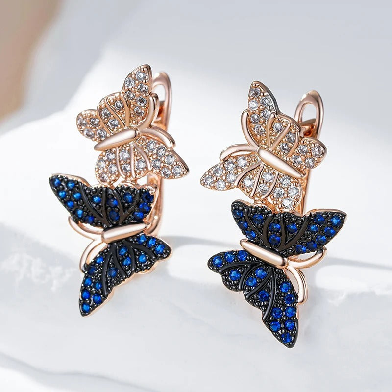 18K Roségold plattiert Blau Natürliche Zirkon zwei Schmetterling Tropfen Ohrringe - AC