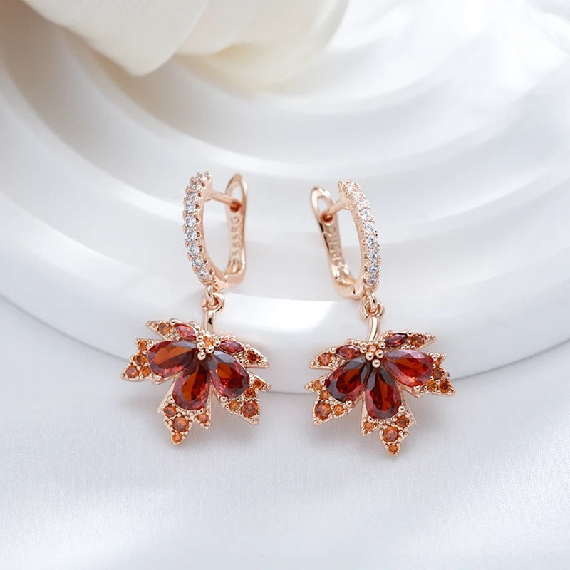 18K Roségold Plated Shiny Red Natural Zirkon Maple Leaf Ohrringe - AC