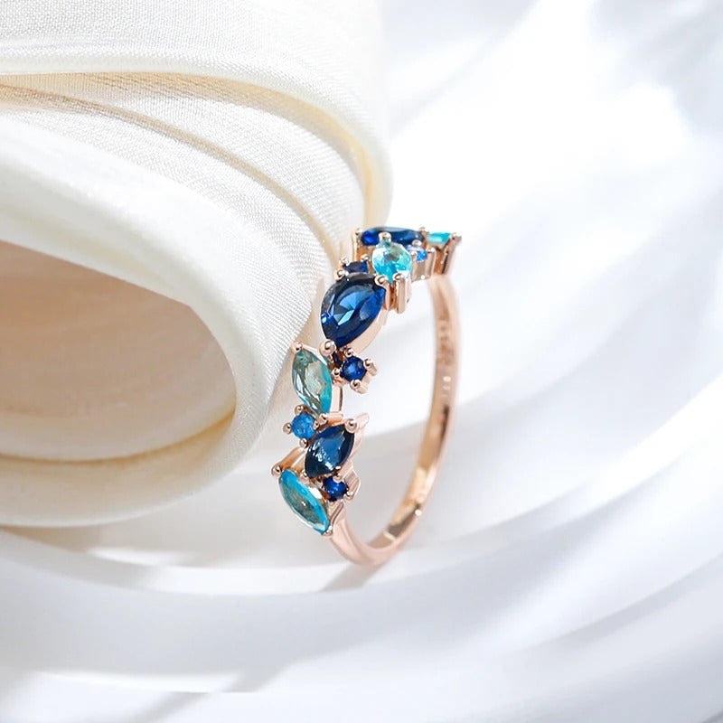 18K Roségold plattiert Aquamarin Zirkonia und Saphir Meer Stein Ring - AC