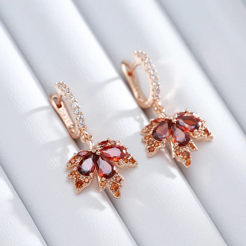 18K Roségold Plated Shiny Red Natural Zirkon Maple Leaf Ohrringe - AC