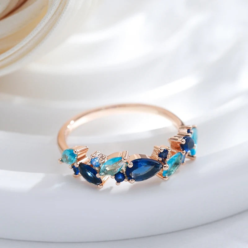 18K Roségold plattiert Aquamarin Zirkonia und Saphir Meer Stein Ring - AC