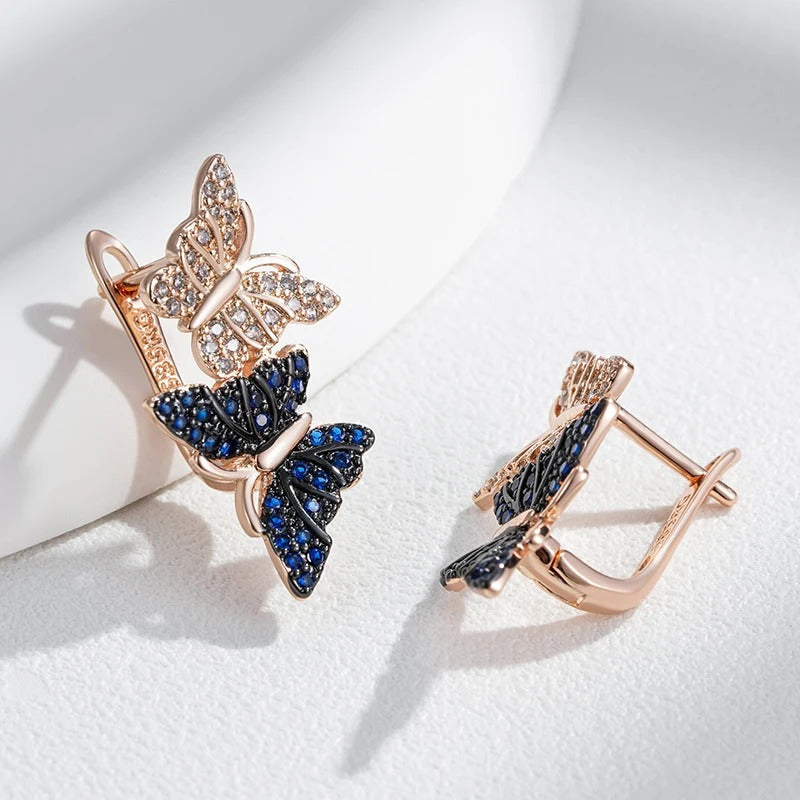 18K Roségold plattiert Blau Natürliche Zirkon zwei Schmetterling Tropfen Ohrringe - AC