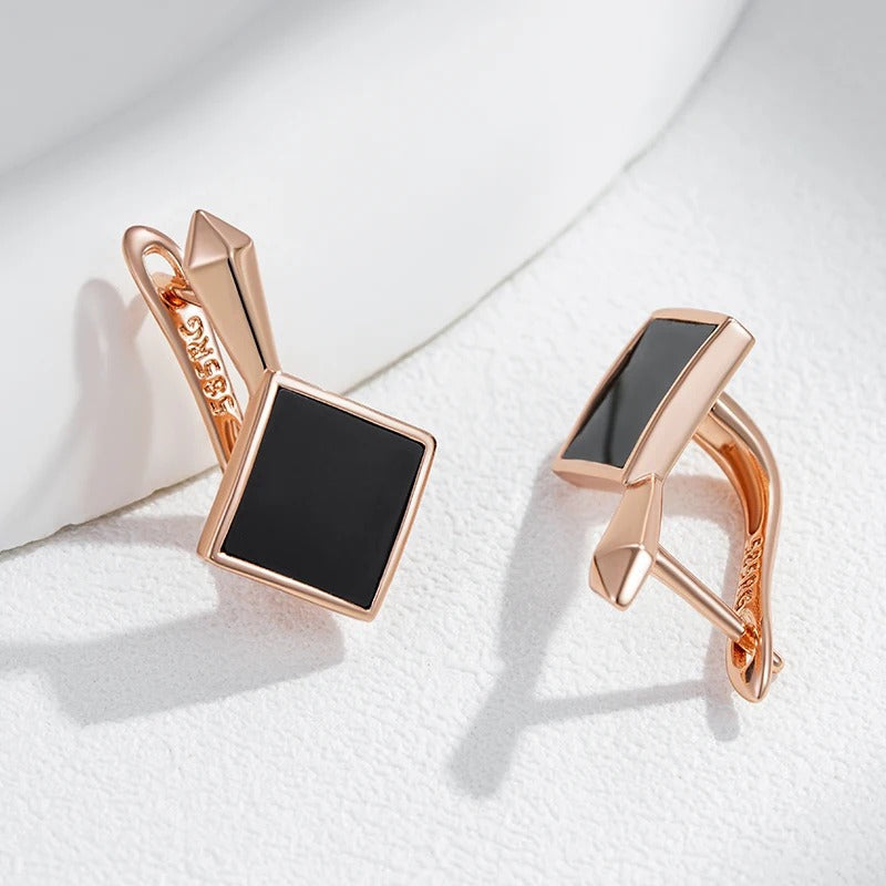 18K Roségold überzogene elegante quadratische Ohrringe mit schwarzen Steinen