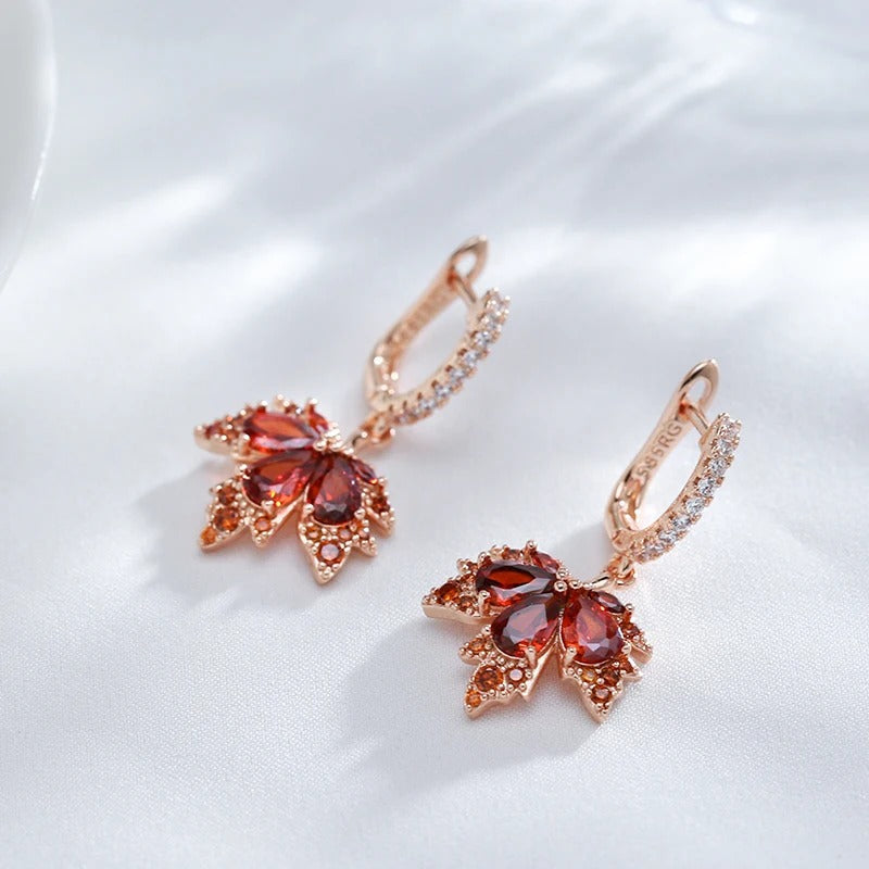 18K Roségold Plated Shiny Red Natural Zirkon Maple Leaf Ohrringe - AC
