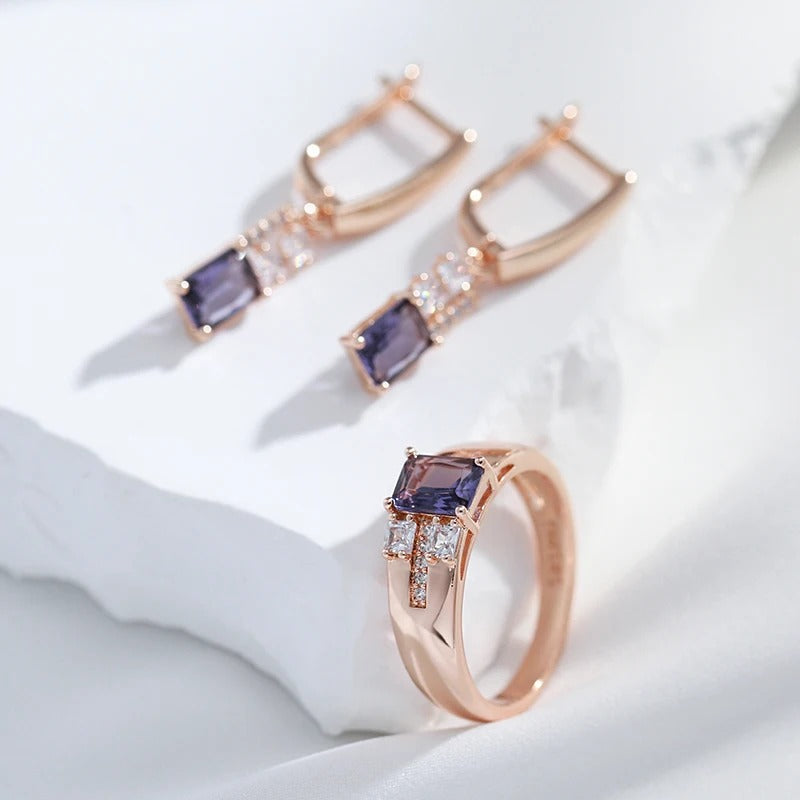 18K Roségold plattiert Square lila natürlichen Zirkon Ring mit 2 weißen Zirkonias