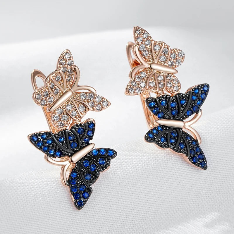18K Roségold plattiert Blau Natürliche Zirkon zwei Schmetterling Tropfen Ohrringe - AC
