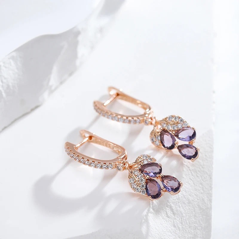 18K Roségold Plattiert Luxus Voll Zirkon lila Anhänger Ohrringe