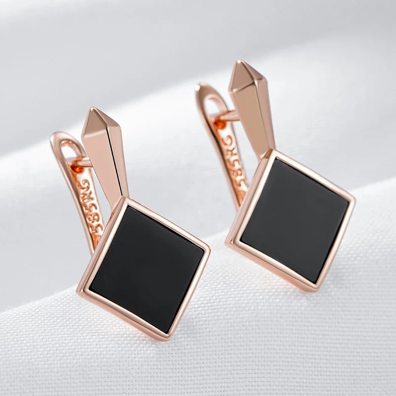 18K Roségold überzogene elegante quadratische Ohrringe mit schwarzen Steinen