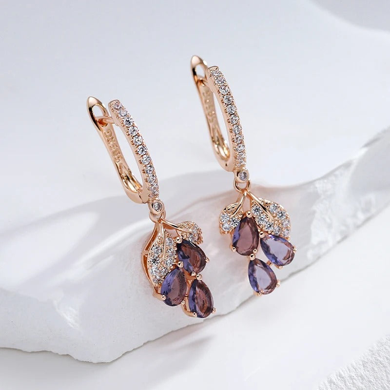 18K Roségold Plattiert Luxus Voll Zirkon lila Anhänger Ohrringe
